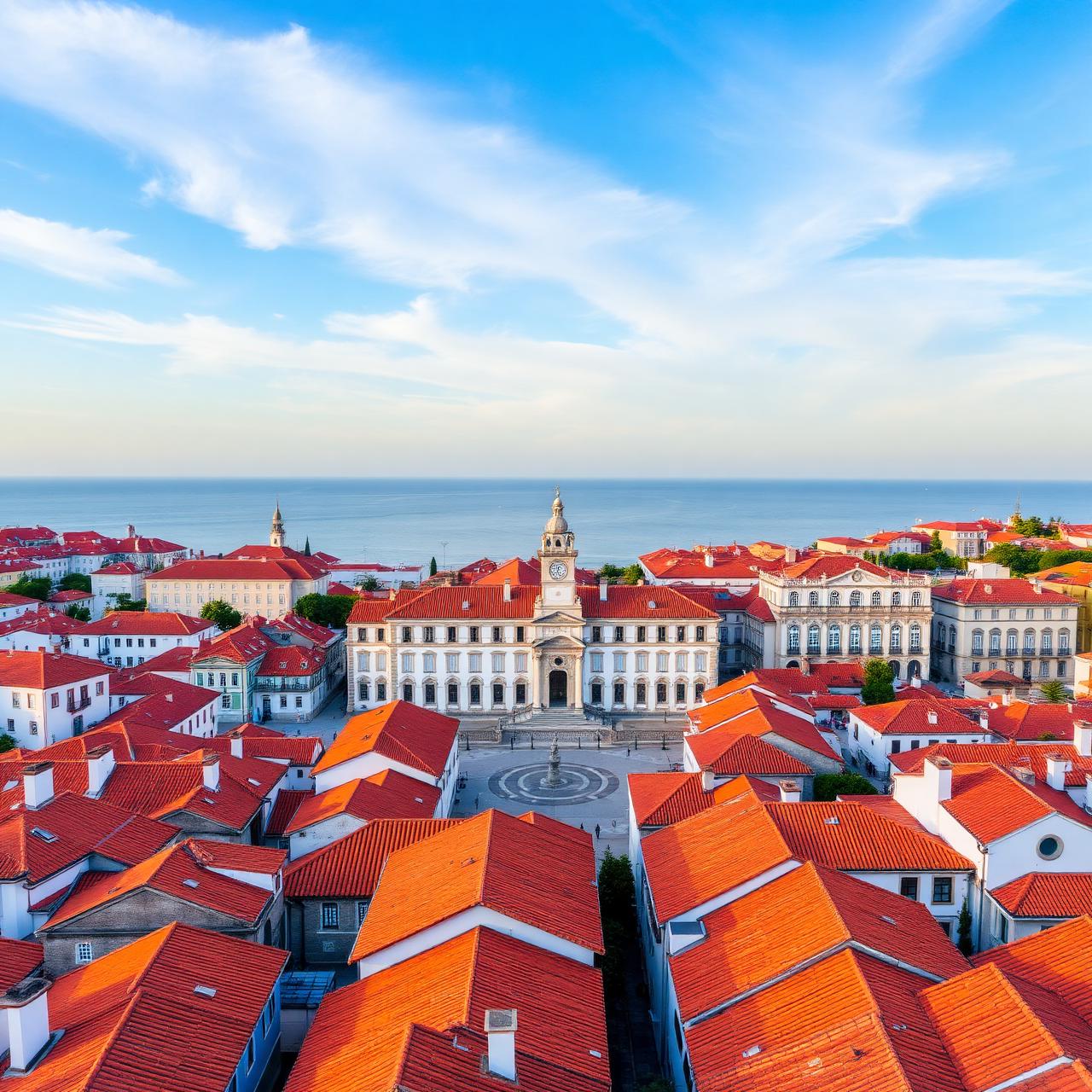 Vista aérea de uma cidade portuguesa com edifícios municipais